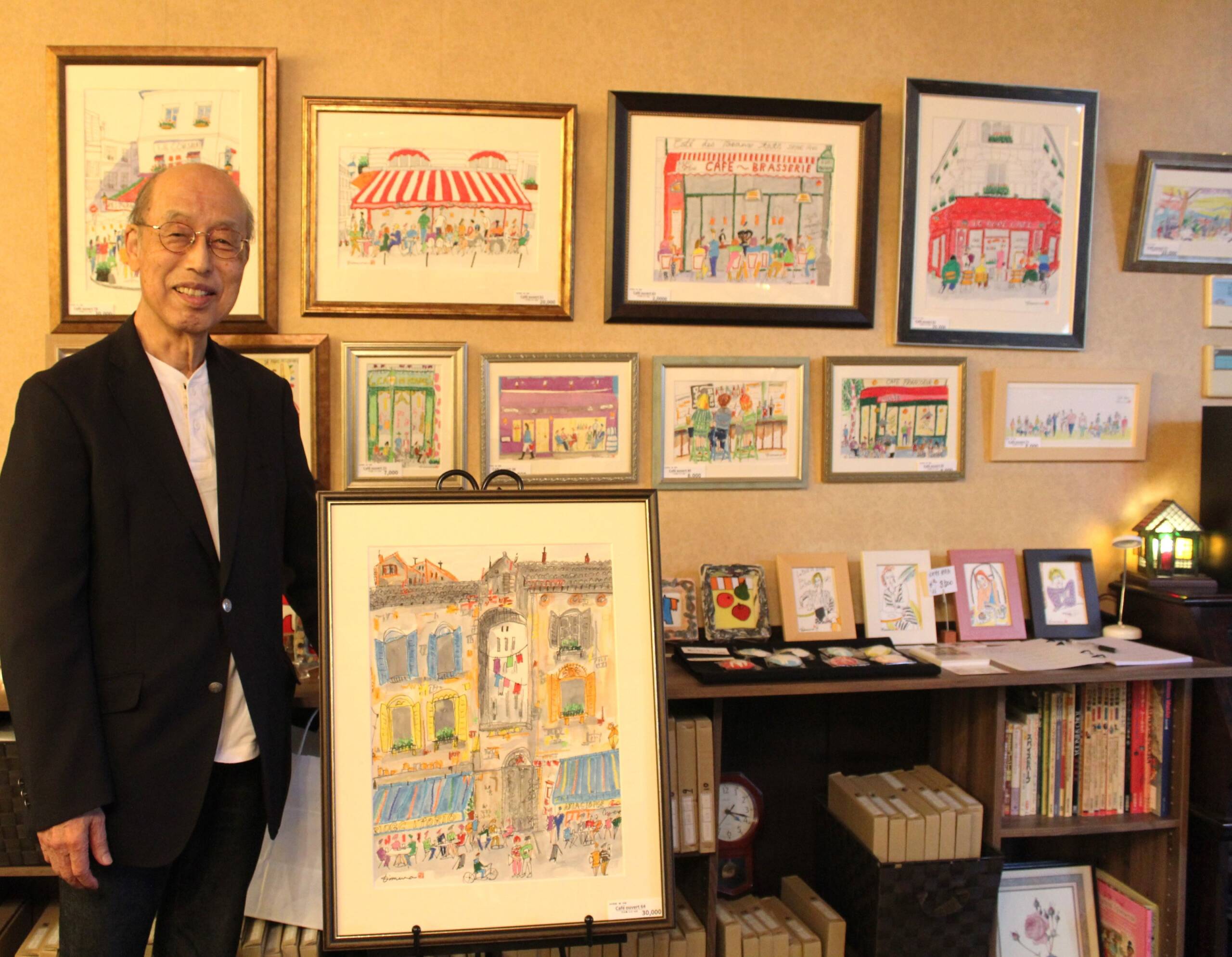 カフェをテーマに80点、四日市の木村哲美さんが26回目の「線・彩画展」