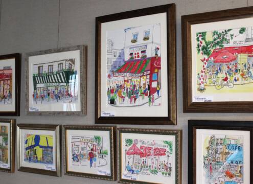 カフェに集う人たち、線と色彩でにぎやか、四日市で木村哲美さんが個展