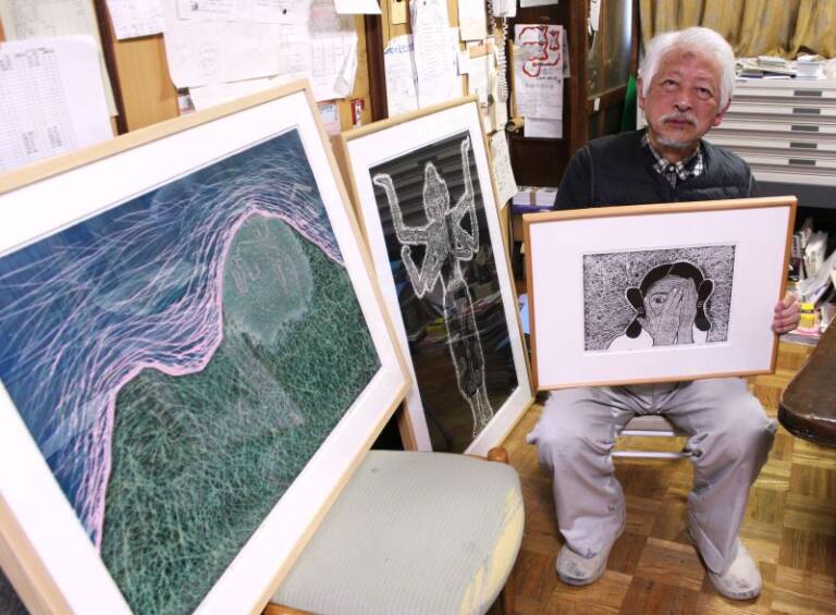 万葉歌人のスターを木版画ブロマイドに、四日市の小原喜夫さんが名古屋で個展