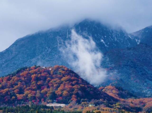 御在所岳と色づいた菰野富士の間に白い雲が漂う