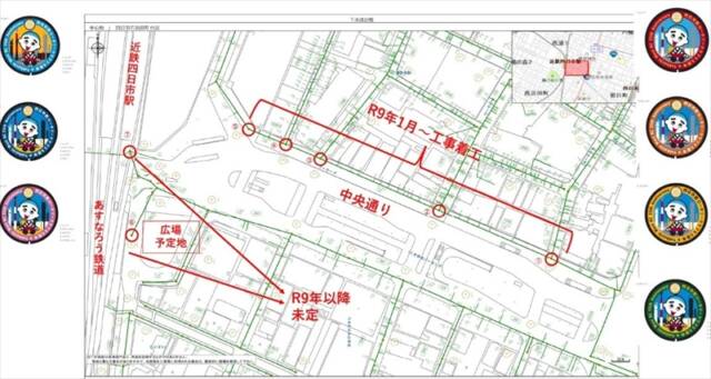 近鉄四日市駅前のアーケード街5か所とあすなろう鉄道四日市駅前広場2か所に設置予定のデザインマンホール位置を示す図