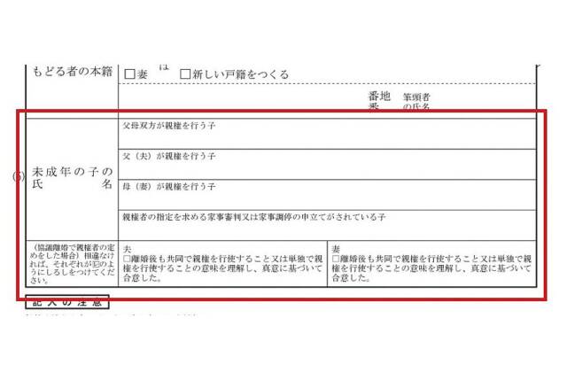 新様式の離婚届における未成年の子の親権記載欄。共同親権に対応し、親権の持ち方を選択・記載できる構成になっている