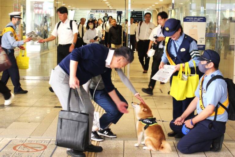 三重県で「交通死亡事故多発警報」発令中、近鉄四日市駅で注意呼びかけ、広報犬豆助もお手伝い