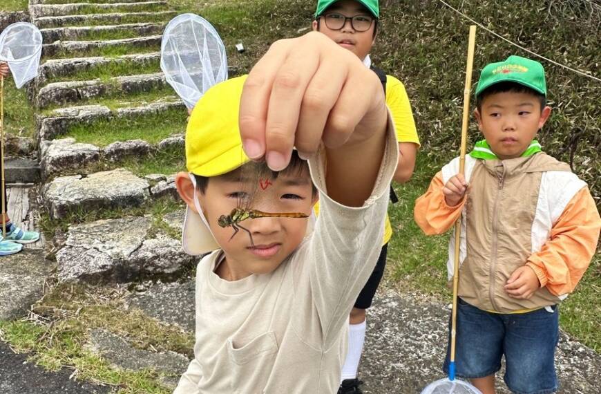 捕らえたトンボを見せてくれる子ども