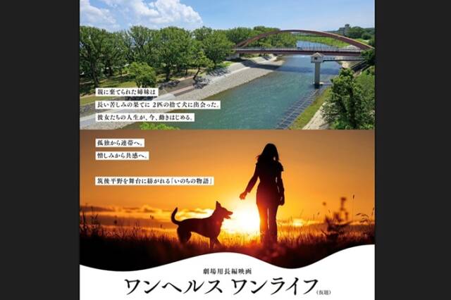 映画「ワンヘルス ワンライフ(仮)」のポスタービジュアル。人物と犬、自然を描いたデザイン