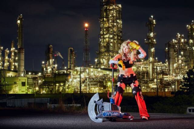 コンビナートを背景にポーズをとるコスプレイヤー