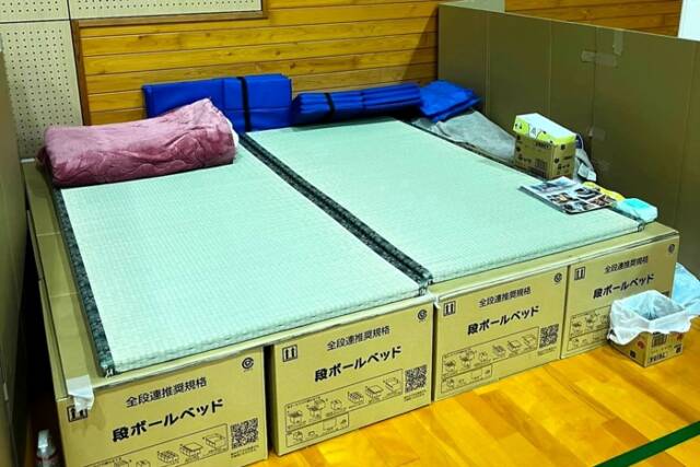 段ボールベッドの上に畳が敷かれている