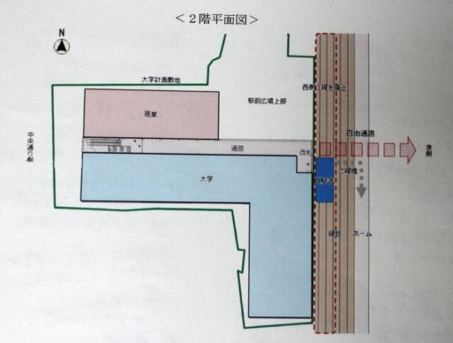 大学と駅舎の位置などを示した2階平面図