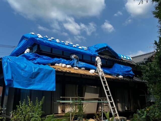 熊本県八代市のい草農家で、地震による被害を受けブルーシートで屋根を覆った住宅
