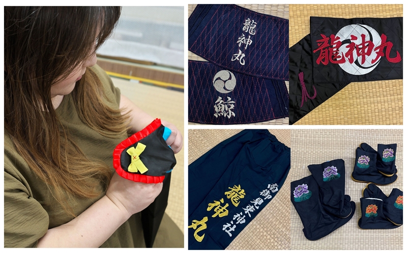 「手甲」の仕上げ作業をする総合衣料のサカクラ4代目・坂倉有紀さんと、昨年製作した南楠鯨船まつりのオーダー品