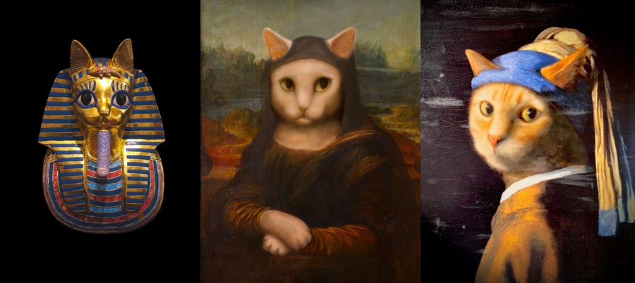 特別展「猫猫はくぶつかん」の展示品で、有名作品や歴史的遺物を猫に置き換えたパロディー作品「ツタンニャーメンのマスク」「モニャ・リザ」「青いターバンの猫」