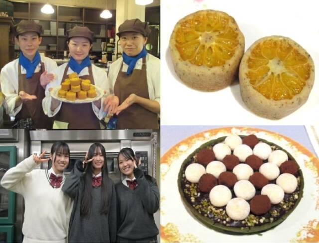 タンブランでの販売と実際の焼き菓子、学校でピースする3年生と実際のタルト写真